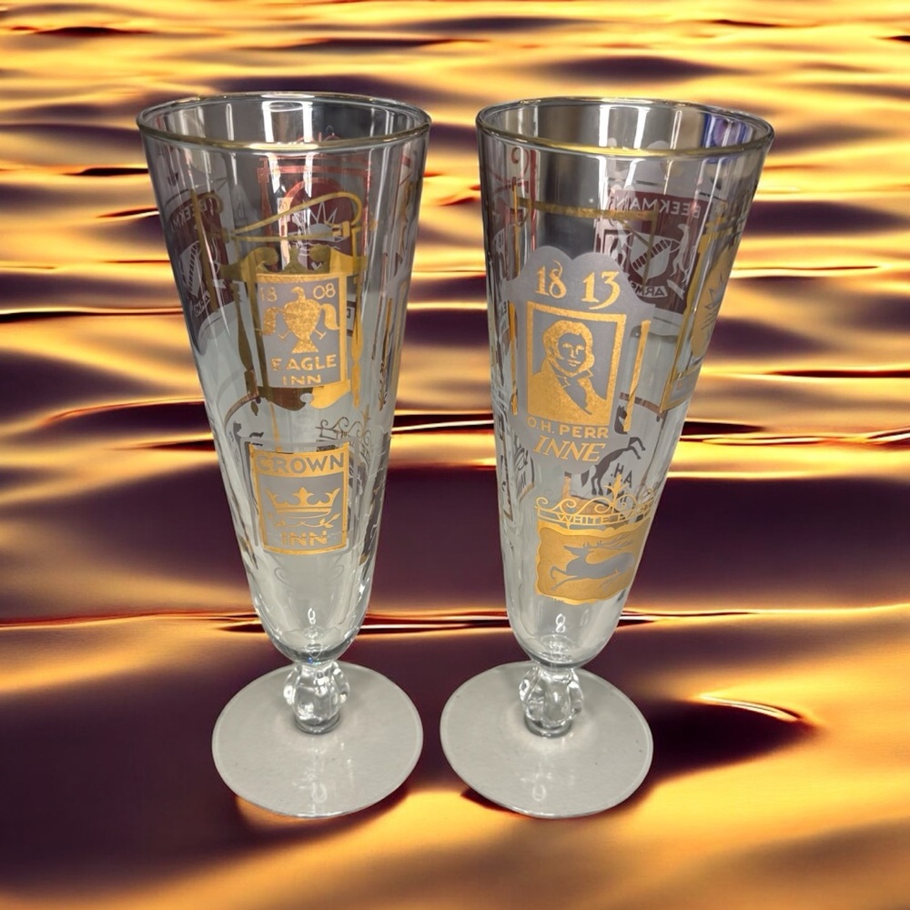 Vintage 2 Libbey Inns Pubs Tall Footed Pilsner Beer Glasses 22K Gold Accents
